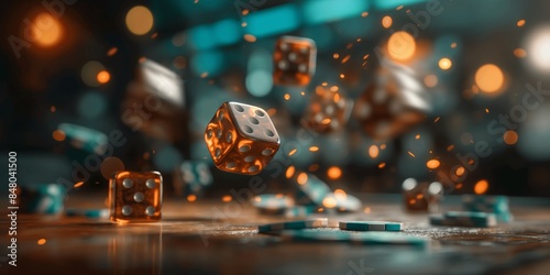 Dynamic shot of dice and poker chips mid-air, creating a vibrant casino atmosphere with dramatic lighting and motion blur effects.