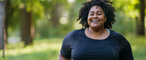 Happy plus size black woman jogging outdoors in a park to lose weight. Obesity fitness goals. Inclusion & diversity in sport