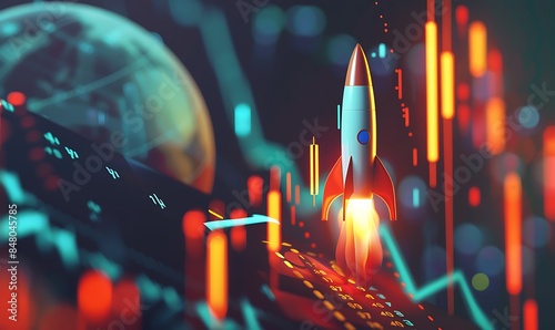 An imaginative illustration of a rocket blasting off from a financial chart, symbolizing the ignition of a business startup's growth trajectory in a visually stunning concept design