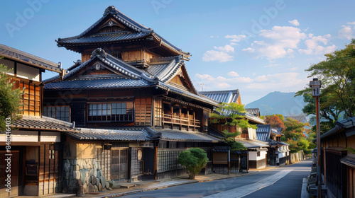 Traditional Japanese wooden houses on a quiet street, showcasing classic architecture with mountain and sky backdrop.