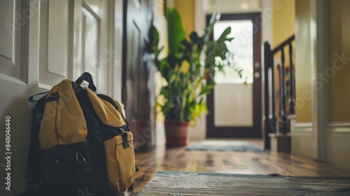 Abandoned child's school backpack by front door, untouched since arrival home, blurred hallway & houseplant in background