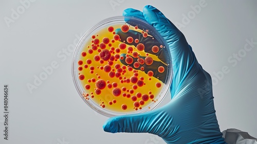 Hand holding petri dish with microbe colony sample on white background