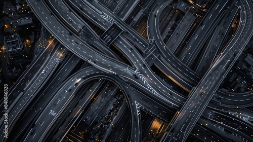 A high-angle shot of a busy highway interchange at dusk, showcasing car lights and intricate road patterns.