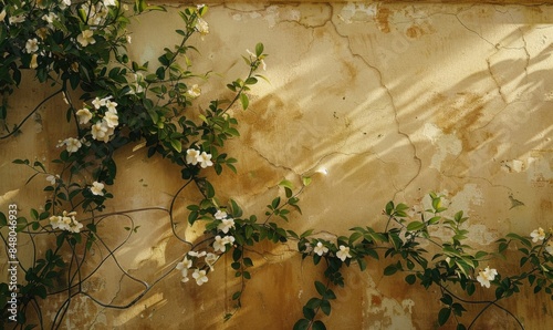 Stucco wall embellished with jasmine vines