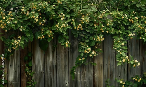 Wooden fence covered in jasmine blossoms