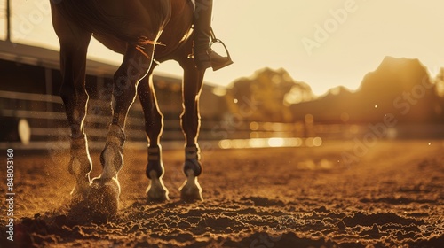 Close-up of horse hooves and legs with rider at sunset on a sandy riding arena. Warm and serene equestrian scene capturing the golden light.