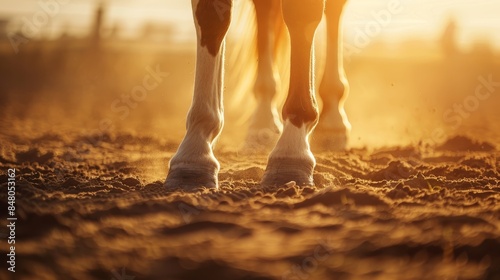 Close-up of horse hooves on sandy ground in golden sunlight, capturing the essence of equestrian life and serene rural landscapes.