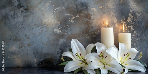 Soothing condolence background with white lilies candles and textured grey backdrop. Concept Condolence setting, White lilies, Candles, Textured grey backdrop