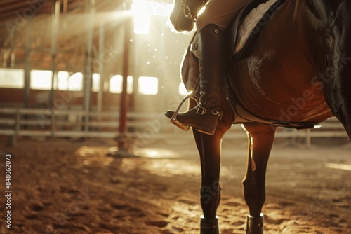 Rider on a horse in a sunlit indoor arena, highlighting equestrian skills, horse training, and the serene equine environment.