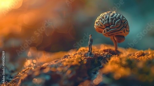 A small figurine stands in front of a miniature brain model, suitable for use in educational or scientific contexts