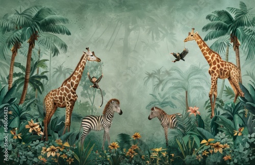 A jungle wall mural with animals, giraffes and elephants in the foreground, palm trees, zebras at the bottom