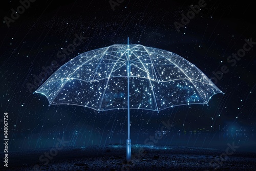 A dark background with a lit-up umbrella