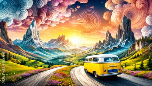 Surreal Journey Vintage Van in Vibrant Fantasy Landscape