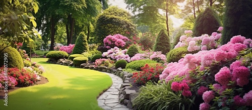 Landscaping of a garden plot Flowers and plants in landscape design. Creative banner. Copyspace image