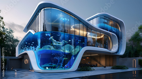A contemporary aquarium with a cobalt blue and white facade, wave-shaped windows, and an underwater entrance