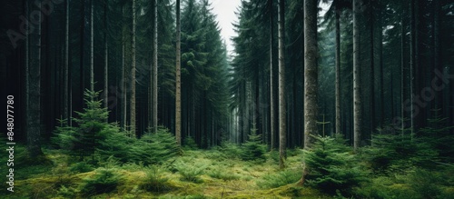 Dense forest Forest of coniferous trees of the highlands. Creative banner. Copyspace image