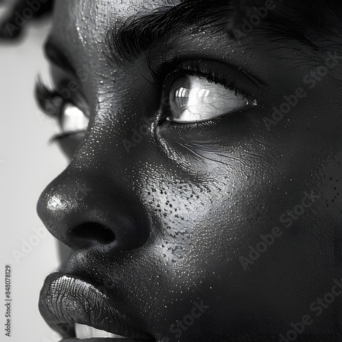 one paranoid worried young black woman macro close-up eyes looking sideways with intense preoccupation and obsession in dramatic black and white monochrome isolated on white background, isometry, pn