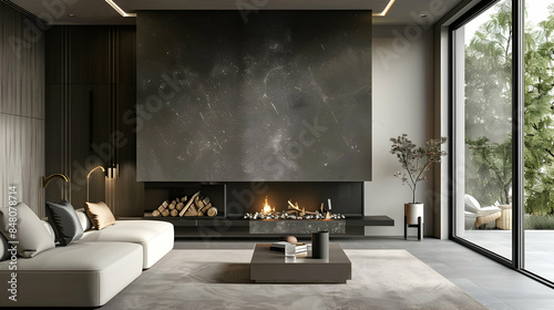 A contemporary fireplace with a sleek mantel in a chic living room