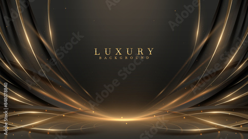 Black luxury background with golden line elements and light ray effect decoration and bokeh. Vector Illustration.
