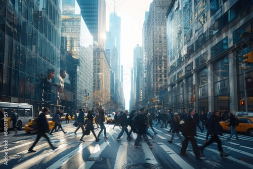 bustling city street with people in business attire crossing the road,