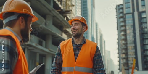Construction workers wearing safety vests and helmets, construction industry concept