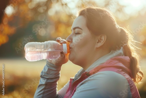 A woman taking a drink from a plastic water bottle in a casual setting