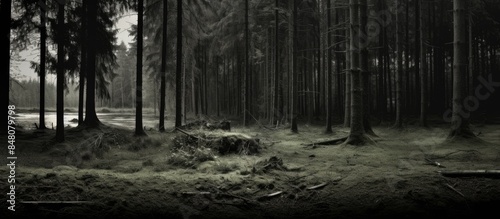 Black and white landscape Wild forest with mystic lawns. Creative banner. Copyspace image