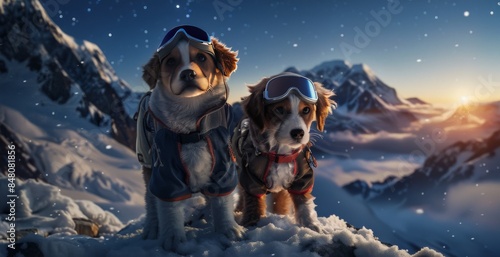 Two Dogs in Ski Goggles on Mountain Top.