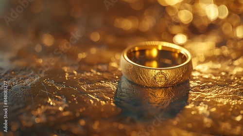 The image is a close-up of a gold ring on a golden surface. The ring is simple and elegant, with a smooth surface and no visible markings.
