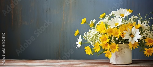 Summer bouquet with bright yellow and white flowers on rustic background with copyspace