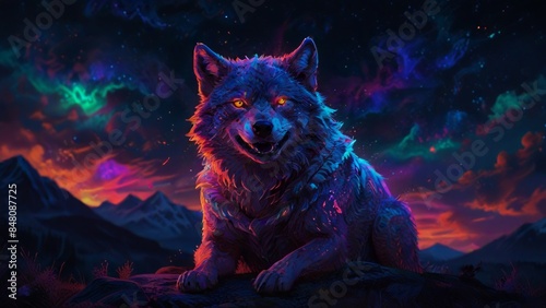 Mystical Wolf Under Vibrant Night Sky