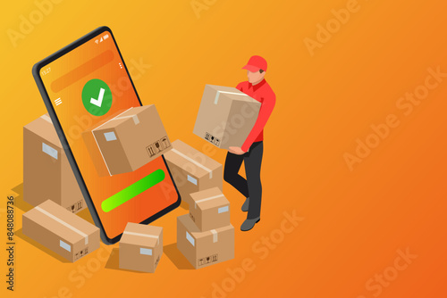 Isometric Logistics and Delivery , free shipping home. City logistics. Truck, courier, drone and delivery man. Smartphone online shopping application