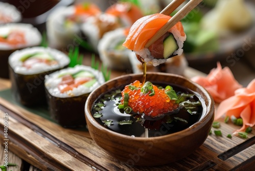 Delicious sushi platter with soy sauce and chopsticks