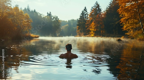 A man swims in a still lake surrounded by colorful autumn trees.
