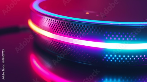 Futuristic neon glowing speaker. Modern technology. Music concept.