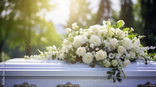 Close-up of a coffin in a cemetery before a funeral 