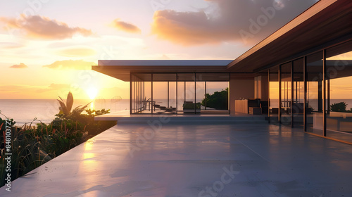 A modern beach house with a flat roof, large sliding doors, and a spacious deck. The sunset over the ocean creates a serene view.