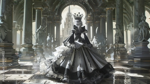 Beautiful Queen in white-black chess-dress, crown, walking in shady chess temple with pawn statues