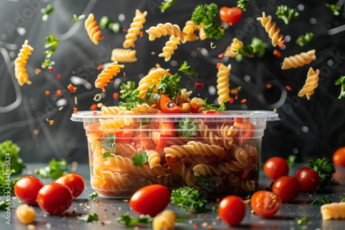Fresh Pasta Salad with Cherry Tomatoes in Mid-Air