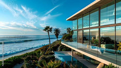 A modernist beachfront residence with floor-to-ceiling windows, offering uninterrupted views of the ocean and featuring a private boardwalk leading to the sand