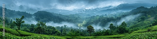 In the misty rural panorama, tea plantations adorn the green hillsides, creating a breathtaking scenery.