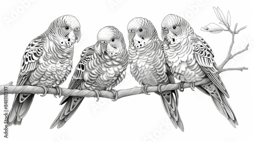 Black and white detailed illustration of four parakeets perched on a branch, showcasing their feathers and unique expressions.
