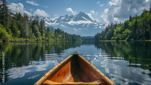 A tranquil view from a canoe on a calm mountain lake surrounded by forest and snowy peaks under a clear blue sky.