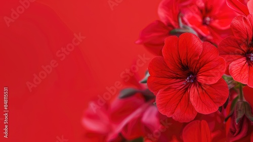 A vibrant red geranium in full bloom against a rich red background.