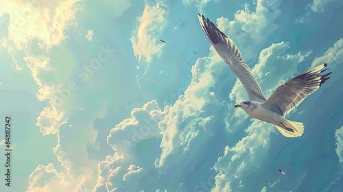 A seagull soars freely in the sky, unfettered and unrestrained, flying with the wind, against a backdrop of blue sky and white clouds