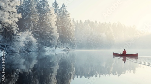 Man raw a boat in still lake water in winter with snow covering forest