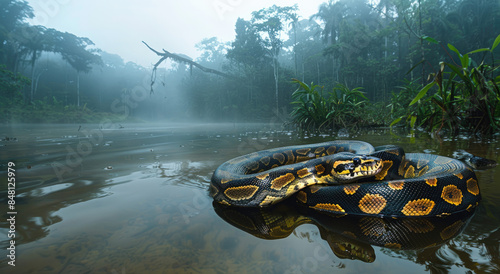 A giant python floated on its back in the Amazon jungle, with black gold stripes and an extremely long body that covered half of the water surface