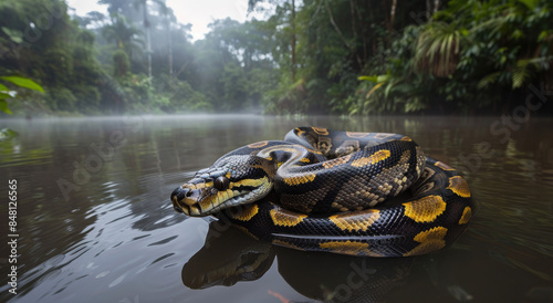 A giant python floated on its back in the Amazon jungle, with black gold stripes and an extremely long body that covered half of the water surface