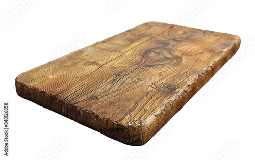 A rustic wooden cutting board with distressed edges and knotty grain