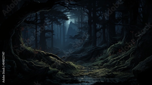 Mysterious Night Forest Scene with Eerie Glow and Shadowy Trees
